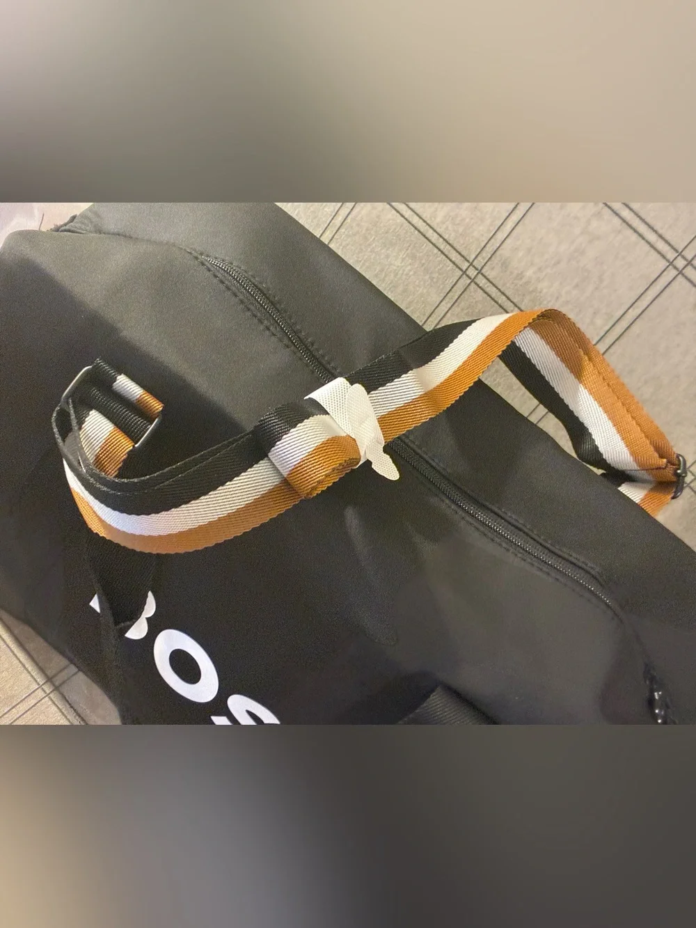 Ace!Hugo Boss Black Duffel Bag with White Logo and Royal Blue brown white strap